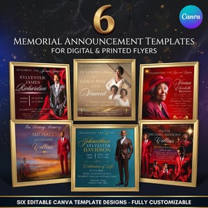 Funeral Announcement Bundle 6 Templates Editable Celebration of Life Canva Info Cards for Social Media Posts & Text Messages