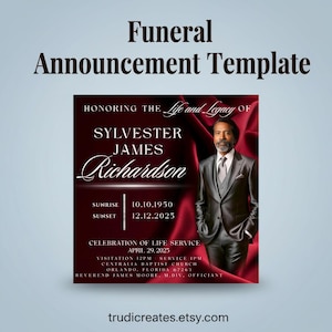 Annonce de programme funéraire modifiable, modèle Canva, élégant dépliant rouge pour service commémoratif, avis de célébration de la vie, téléchargement numérique