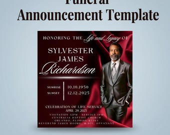 Editable funeral program announcement Canva template elegant red memorial service flyer celebration of life notice digital download