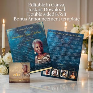 Plantilla editable de programa funerario + anuncio (8,5 x 11 pulgadas, doble cara, Canva), obituario imprimible, recuerdo de servicio conmemorativo para celebrar la vida.