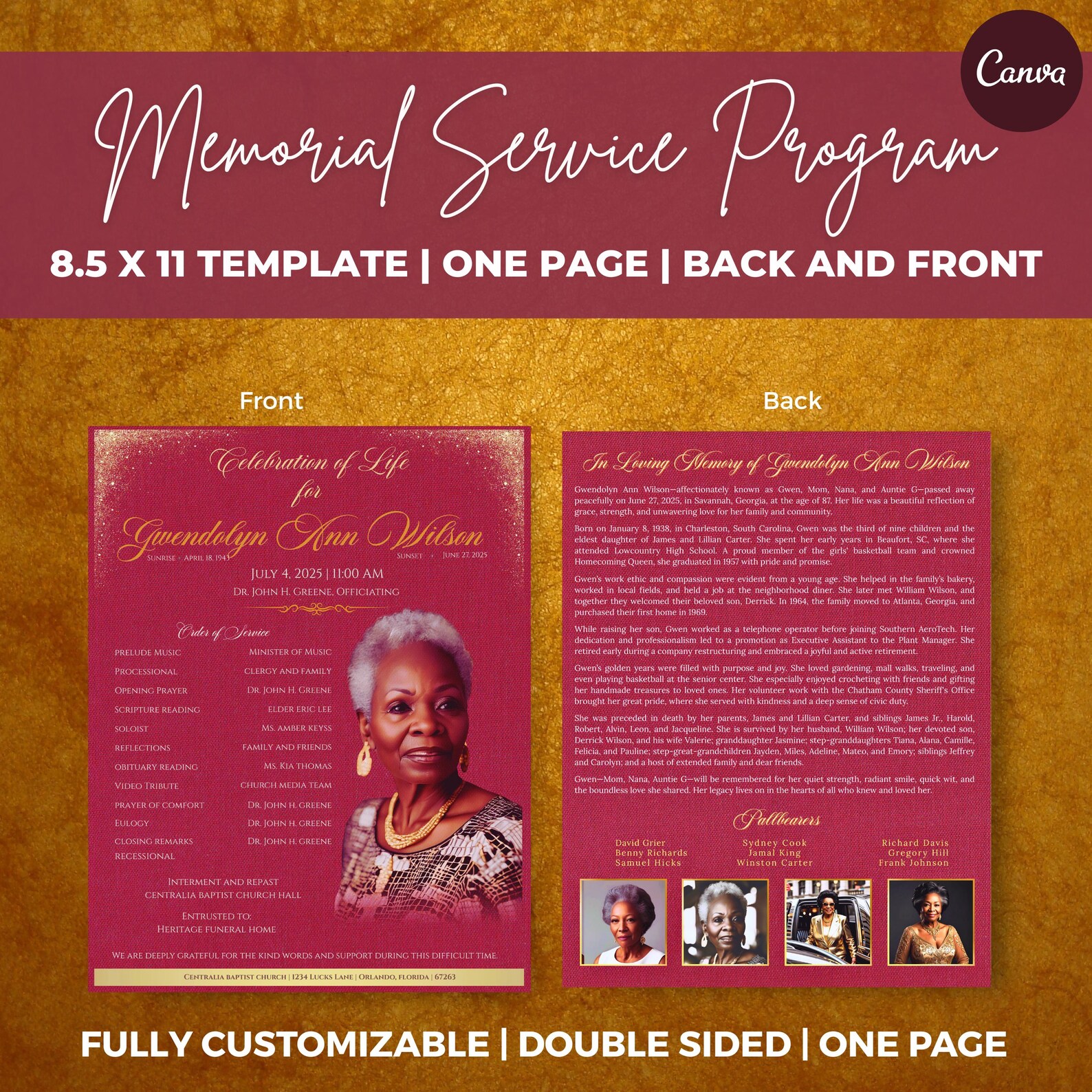 8.5x11 Minimalist Funeral Program, Back and Front Memorial Program ...
