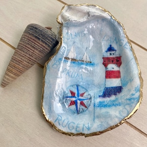 Lighthouse Oyster Shell Coastal Decor Ring Dish Trinket Bowl Gift Decoupage