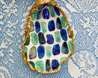 Image showcasing 3 Pieces Oyster Shell Poster Coastal Watercolor Painting Blue & Beige ...