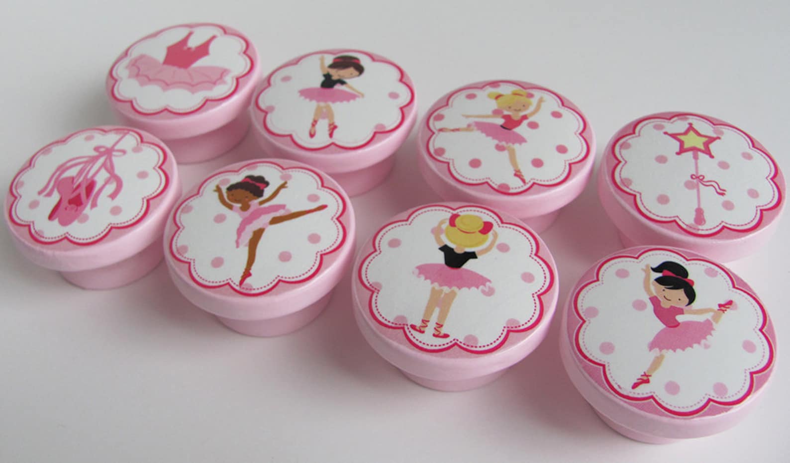 ballerina knobs, pink ballet knobs, ballet slippers, dancing girls knobs - wood knobs- 1 1/2 inches - made-to-order ballerina knobs, pink ballet knobs, ballet slippers, dancing girls knobs - wood knobs- 1 1/2 inches - made-to-order