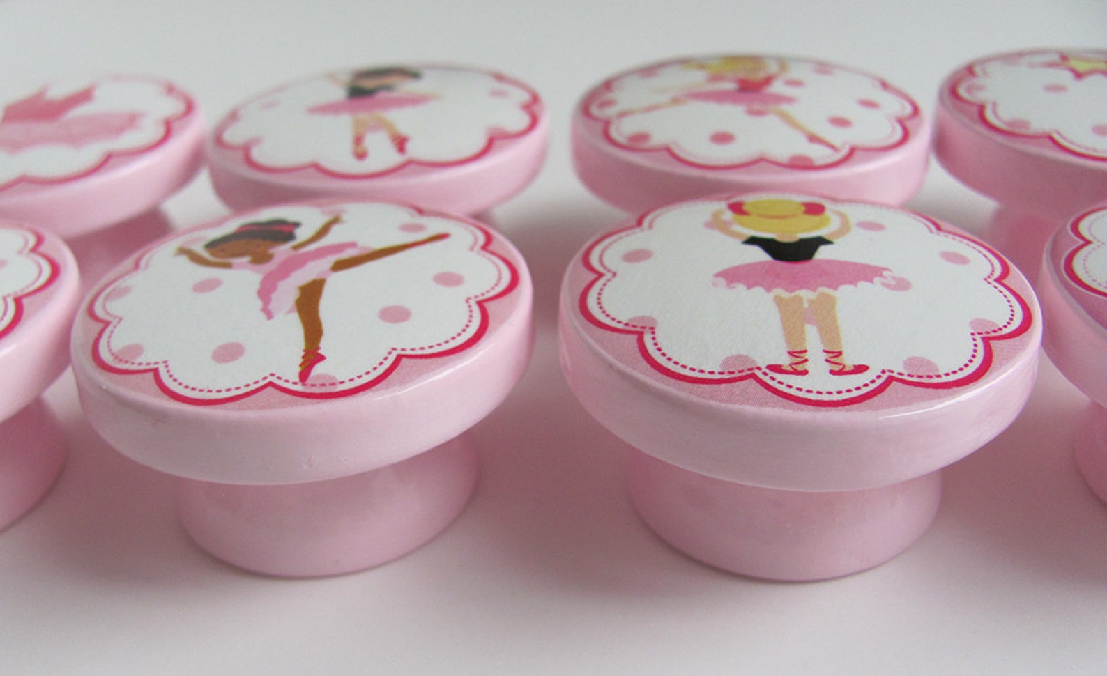ballerina knobs, pink ballet knobs, ballet slippers, dancing girls knobs - wood knobs- 1 1/2 inches - made-to-order ballerina knobs, pink ballet knobs, ballet slippers, dancing girls knobs - wood knobs- 1 1/2 inches - made-to-order