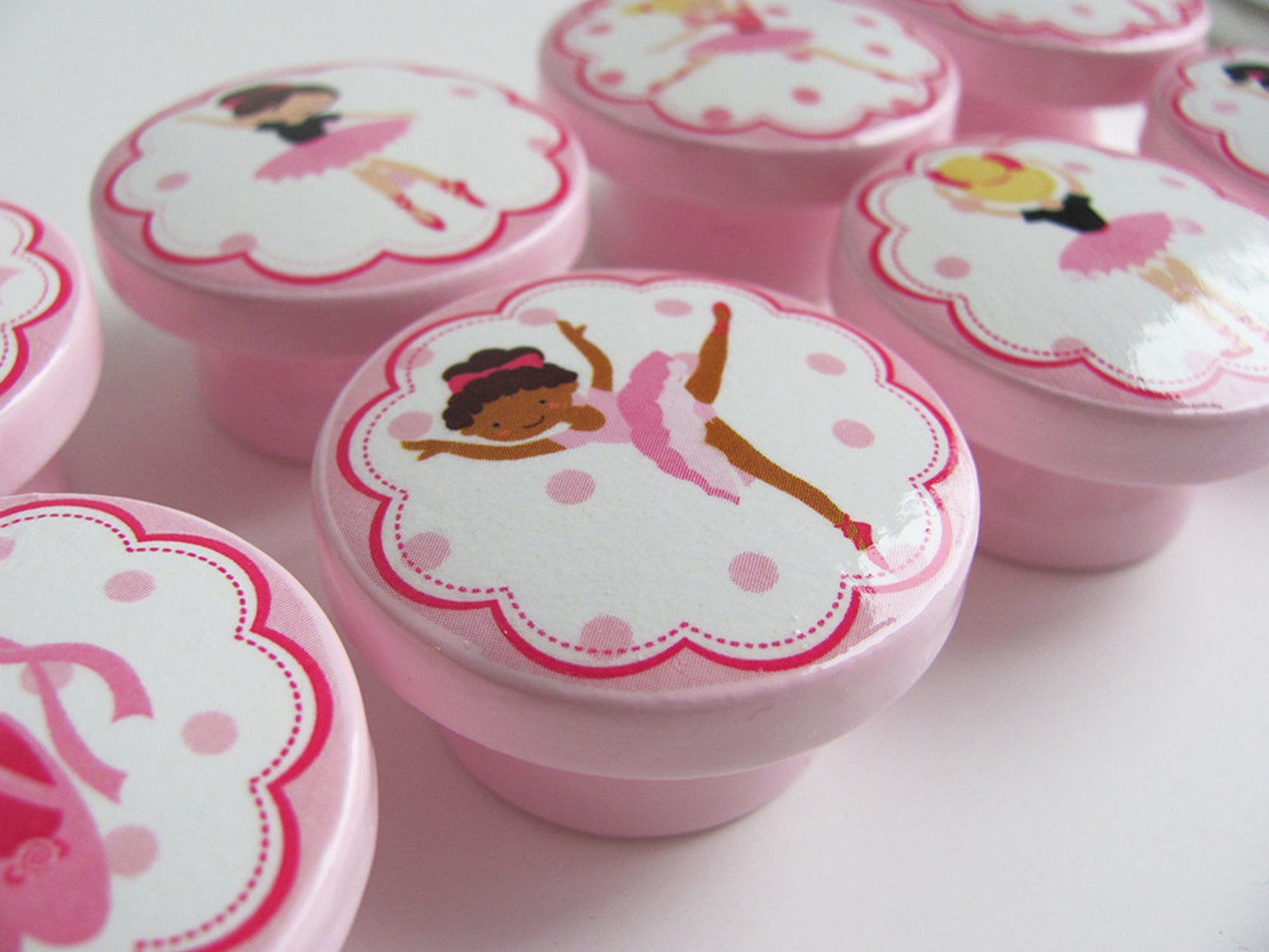 ballerina knobs, pink ballet knobs, ballet slippers, dancing girls knobs - wood knobs- 1 1/2 inches - made-to-order ballerina knobs, pink ballet knobs, ballet slippers, dancing girls knobs - wood knobs- 1 1/2 inches - made-to-order