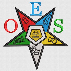 May include: Embroidered star design with the letters O, E, and S in red, blue, and green, respectively. The star is black with colorful segments and various symbols. The text "5 SIZE" is above the star. Below the star are the letters DTS, PES, XXX, EXP, JEF, SEW, VP3, HUS.