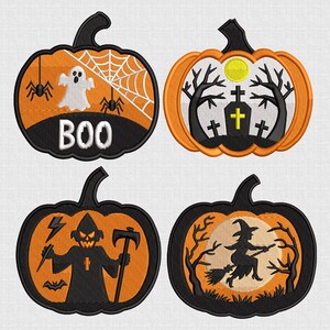 May include: Four Halloween-themed pumpkin patches with black stems and borders. Each patch features a different design: a ghost with spiders, a graveyard, a grim reaper, and a witch on a broom. The text "BOO" is on one patch.