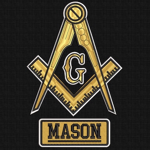 May include: Gold-colored Masonic emblem on a black background. The design features a compass and square with the letter "G" in the center. The word "MASON" is displayed below the emblem. The text "5 SIZE" is above the emblem.