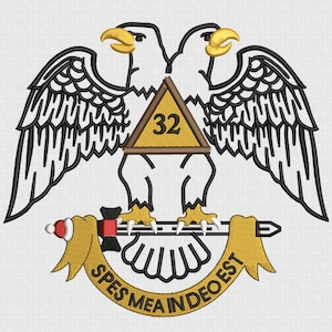 May include: Embroidered emblem featuring two eagles with outstretched wings, a triangle with the number 32, and a banner with the text "SPES MEA IN DEO EST". The text "5 SIZE" is at the top. The bottom text includes "DTS, PES, XXX, EXP, JEF, SEW, VP3, HUS".