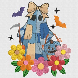 May include: An embroidered Halloween design featuring a patchwork ghost with a bow, holding a pumpkin basket, surrounded by bats, stars, and flowers. The text "5 SIZE" and embroidery file formats are displayed.