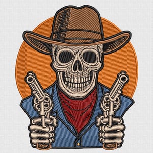 Op de afbeelding: Geborduurd ontwerp met een schedel met een cowboyhoed en twee revolvers. De schedel heeft een rode bandana en staat tegen een oranje cirkel. De tekst "5 SIZE" staat bovenaan, en borduurformaten staan eronder.