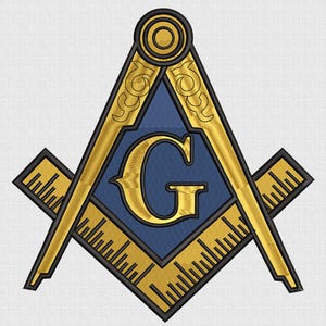 May include: Embroidered Masonic symbol with a gold-colored square and compass design, featuring a blue center with the letter "G". The text "5 SIZE" is at the top, and "DTS, PES, XXX, EXP, JEF, SEW, VP3, HUS" is at the bottom.
