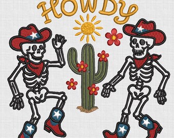 Howdy Skelett Cowboy Stickdatei, Western Kaktus Stickdatei, tanzende Skeletons Stickdatei, lustiger Halloween Cowboy, 3D Stickdatei, digitaler Download