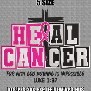 May include: A gray background with the words "HEAL CANCER" in a block letter style, with a pink ribbon in the center. The text "FOR WITH GOD NOTHING IS IMPOSSIBLE LUKE 1:37" is below. The image also includes the text "5 SIZE" and file types.