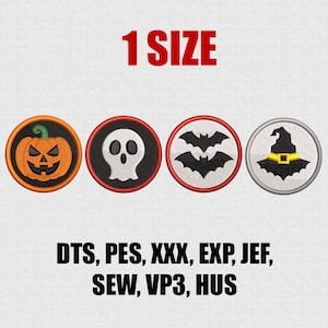 Op de afbeelding: Vier geborduurde Halloween-patches. Ontwerpen omvatten een pompoen, een schedel, twee vleermuizen en een heksenhoed. De tekst "1 SIZE" staat boven de patches. Daaronder de bestandsformaten: DTS, PES, XXX, EXP, JEF, SEW, VP3, HUS.