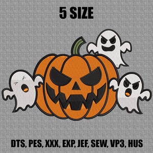 May include: Embroidered Halloween design featuring an orange jack-o'-lantern with a menacing face and three white ghosts. The text "5 SIZE" is above the design. Below the design are the letters DTS, PES, XXX, EXP, JEF, SEW, VP3, HUS.