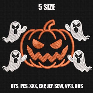 May include: An embroidered Halloween design featuring an orange jack-o'-lantern with a carved face, surrounded by four white ghosts. The text "5 SIZE" is at the top, and "DTS, PES, XXX, EXP, JEF, SEW, VP3, HUS" is at the bottom.