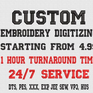Op de afbeelding: Tekstafbeelding met de woorden "CUSTOM BORDUURWERK DIGITALISERING" in een zwarte, vette letter. Rode tekst luidt "1 UUR DOORLOOPTIJD" en "24/7 SERVICE".