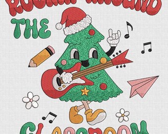 Retro Lehrer Weihnachten Stickerei, Rockin Rund Um Das Klassenzimmer, Frohe Lehrer Stitch, Weihnachten Lehrer, Retro Weihnachten Sitch, 6 Größen
