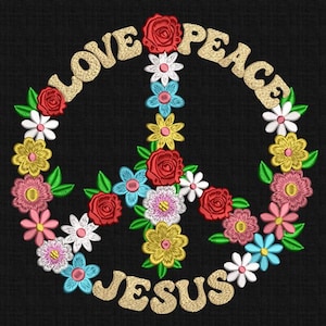May include: Embroidered peace sign design with the words "LOVE", "PEACE", and "JESUS" in gold. The peace symbol is filled with colorful flowers. The text "5 SIZE" is at the top. The bottom text includes embroidery file formats.