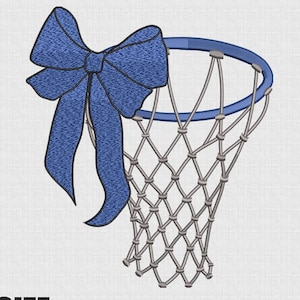May include: An embroidered design of a basketball hoop with a blue bow. The net is white, and the hoop is blue. The text "5 SIZE" is below the hoop, with file type abbreviations below.