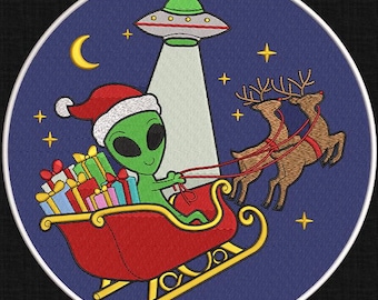 Alien Santa Schlitten Stickerei, Weihnachten UFO Alien Stickmuster, Alien Claus Stich, Alien Stickmuster, 6 Größen