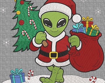 Alien Santa Weihnachtsstickerei, Weihnachts Alien Stickmuster, Alien Claus Stich, Weihnachtsalien Muster, Retro Weihnachtsstickerei in 6 Größen