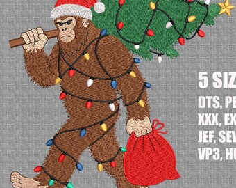Weihnachtsstickerei, Bigfüße Stickmuster, Sasquatch Weihnachten Silhouette, Sasquatch Weihnachtslichter, Weihnachtsmann in 5 Größen