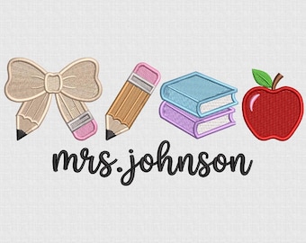 Personalisierte Lehrer Name Stickerei, Apple Bleistift Buch, Lehrer Wertschätzung, Lehrer Tag, Back to School, Made To Order, 5 Größen