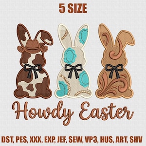 May include: Three Easter bunny designs in brown, cream, and turquoise with black bows. The text "Howdy Easter" is displayed in a brown script font. The image also includes the text "5 SIZE" and various file format abbreviations.