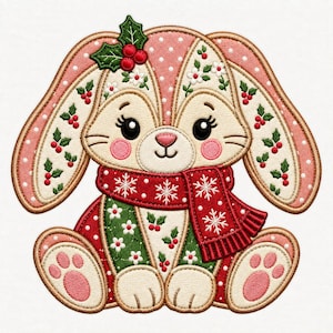 May include: An embroidered applique of a seated rabbit with long ears, wearing a red scarf with white snowflakes. The rabbit features cream fur, pink cheeks, and paw pads, decorated with green holly leaves, red berries, and white flowers.