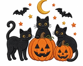 Stickmuster „Schwarze Katze mit Kürbis“, Halloween-Katze-Stickdatei, gruseliges Kätzchen (PES, DST, JEF, VP3, EXP, HUS, XXX)