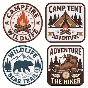 May include: Four square and circular patches featuring outdoor themes. Top left: campfire with logs and text CAMPFIRE WILDLIFE. Top right: tent and campfire with text CAMP TENT ADVENTURE. Bottom left: bear and mountains with text WILDLIFE BEAR TRAIL. Bottom right: hiking boot with text ADVENTURE THE HIKER.