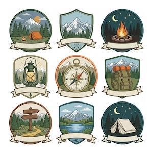 May include: A collection of nine circular and shield-shaped patches featuring outdoor camping themes. Designs include mountains, pine forests, a tent, a campfire, a lantern, a compass, a backpack, a wooden signpost, and a lake, each with a blank banner.