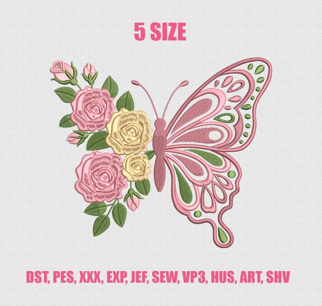 Pink Butterfly Pdf Pink Butterfly Floral Embroidery Design, Rose Bouquet Butterfly Machine ...