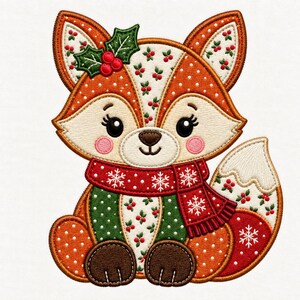 May include: An embroidered patch of a fox with orange, white, and green fur patterns. The fox wears a red scarf with white snowflakes and has a holly sprig on its head. The design features polka dots, holly berries, and a white-tipped tail.