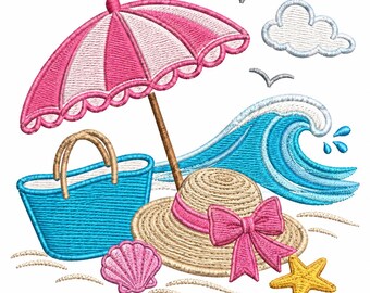 Strand-Stickmuster, Sommerstrand-Stickdatei, Küstenurlaubsstickerei, rosa Sonnenschirmhut, Muschel, Pes Dst Jef Vp3 Xxx