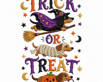 Dackel-Stickdatei „Süßes oder Saures“, Halloween-Hund-Stickdatei, Gruseliger Dackel (PES, DST, JEF, VP3, EXP, HUS, XXX)