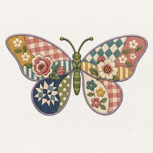 Wzór haftu maszynowego „Motyl” na kołdrze patchworkowej, cyfrowy plik z motywem kwiatowym w kratkę gingham w stylu vintage, botaniczny wzór Cottagecore, formaty PES DST JEF