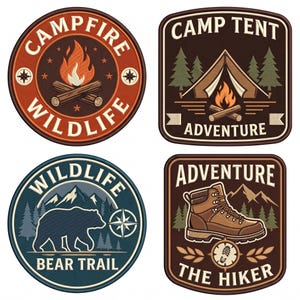 May include: A set of four embroidered patches featuring outdoor themes. Two circular patches show a campfire with the text CAMPFIRE WILDLIFE and a bear silhouette with the text WILDLIFE BEAR TRAIL. Two square patches show a tent and a hiking boot.