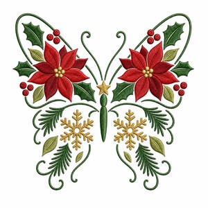 May include: An embroidery design shaped like a butterfly, featuring two large red poinsettia flowers with yellow centers, green holly leaves, red berries, gold snowflakes, and pine needles, all connected by dark green swirling lines and a gold star.