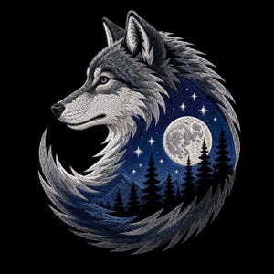 May include: An embroidered patch featuring a wolf head in profile, rendered in shades of gray and white. The wolf's neck area contains a circular scene of a dark blue night sky, a full moon, scattered white stars, and a silhouette of pine trees.
