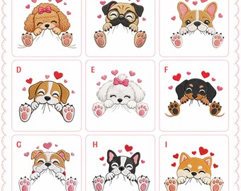 Hunde-Stickpaket, 9 Welpen-Stickmuster für die Stickmaschine, niedliche, herausschauende Hunde-Valentinstagsdateien (PES, DST, JEF, VP3, EXP, HUS, XXX)