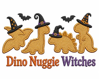 Dino Nuggie Witches Embroidery Design, Halloween Dinosaur Machine Embroidery File, Cute Witch Dino Pes Dst Jef Vp3 Exp Hus Xxx