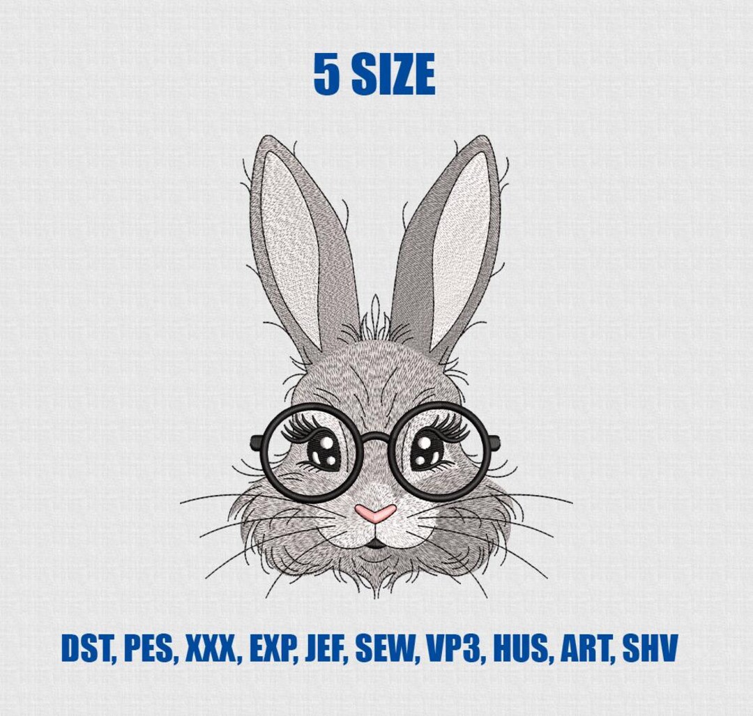 Easter Bunny Embroidery Design, Cute Bunny Face With Glasses, Spring ...