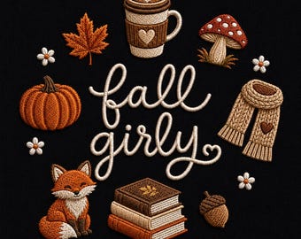 Herbstliches Stickmuster für Mädchen, Gemütliches Herbstmotiv mit Fuchs, Kaffee, Kürbis und Buch (Maschinenstickdatei: PES, DST, JEF, VP3, EXP, HUS, XXX)