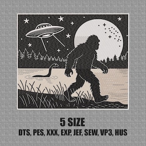 May include: Embroidered design featuring Bigfoot walking near a lake with the Loch Ness Monster, a UFO, and a full moon. The design is in black and white with a neutral background. The text "5 SIZE" and file types are at the bottom.