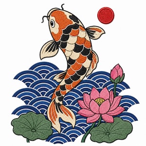 May include: An embroidered patch featuring a koi fish with orange, black, and white scales leaping above blue stylized waves. A pink lotus flower with a green bud and two green lily pads are at the base, with a solid red circle in the upper right.