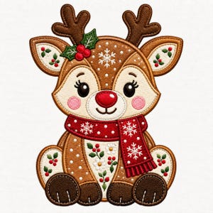 May include: A brown reindeer illustration with a red nose, wearing a red scarf with white snowflake patterns. The reindeer features cream-colored accents, holly leaves with red berries, and white floral details on its body, all rendered in a textured embroidery style.
